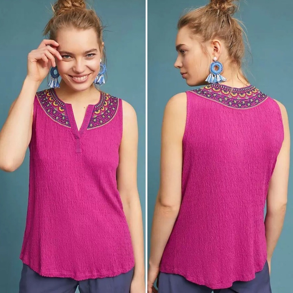 Akemi + Kin Pink Tank Top Vizela Embroidered Floral Boho Summer Anthropologie XS